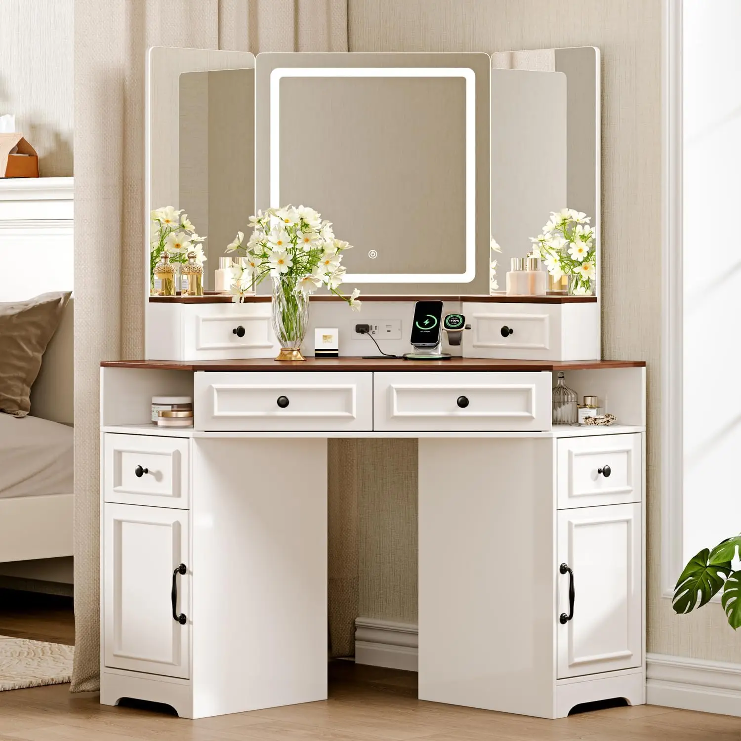 Corner Vanity Desk with Mirror and Lights,Makeup Vanities with Power Outlet and 6 Drawers, 3 Light Settings, Dimmable for Women