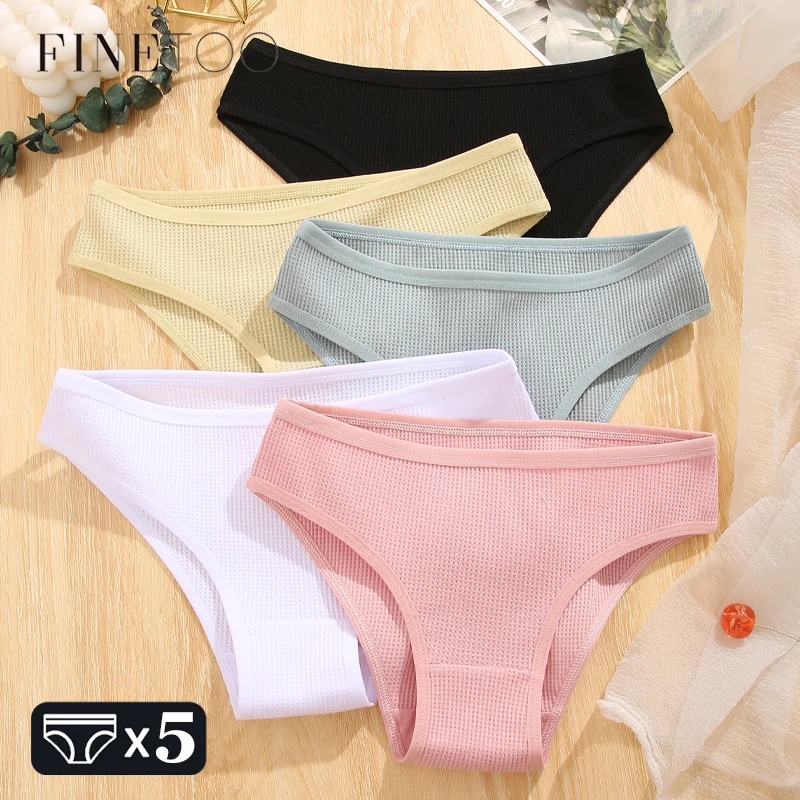 FINETOO 5Pcs Cotton Panties Breathable Underwear for Women Low-Waist Waffle Style Brief Female Comfortable Stretch Lingerie S-XL