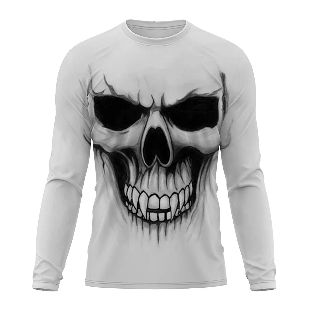 New Men's Round Neck T Shirt With 3D Skull Pattern Printed Sweatshirt Long sleeved Fashionable Casual Loose Fitting Men Clothing