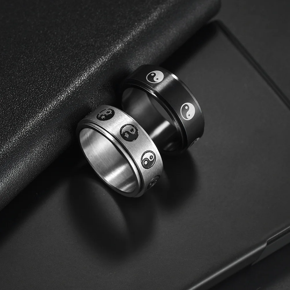 التقليدية الصينية يينغ يانغ خواتم للرجال امرأة 8 مللي متر أسود تدوير الفولاذ المقاوم للصدأ طرد النميمة القيل والقال الذكور الصلاة مجوهرات