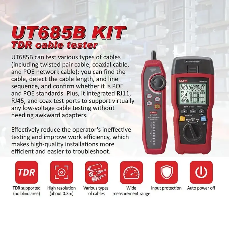 UNI-T UT685B KIT TDR Cable Tester Wiring LCD Display Network POE Function Wire Tracking Network Line Checking High Resolution