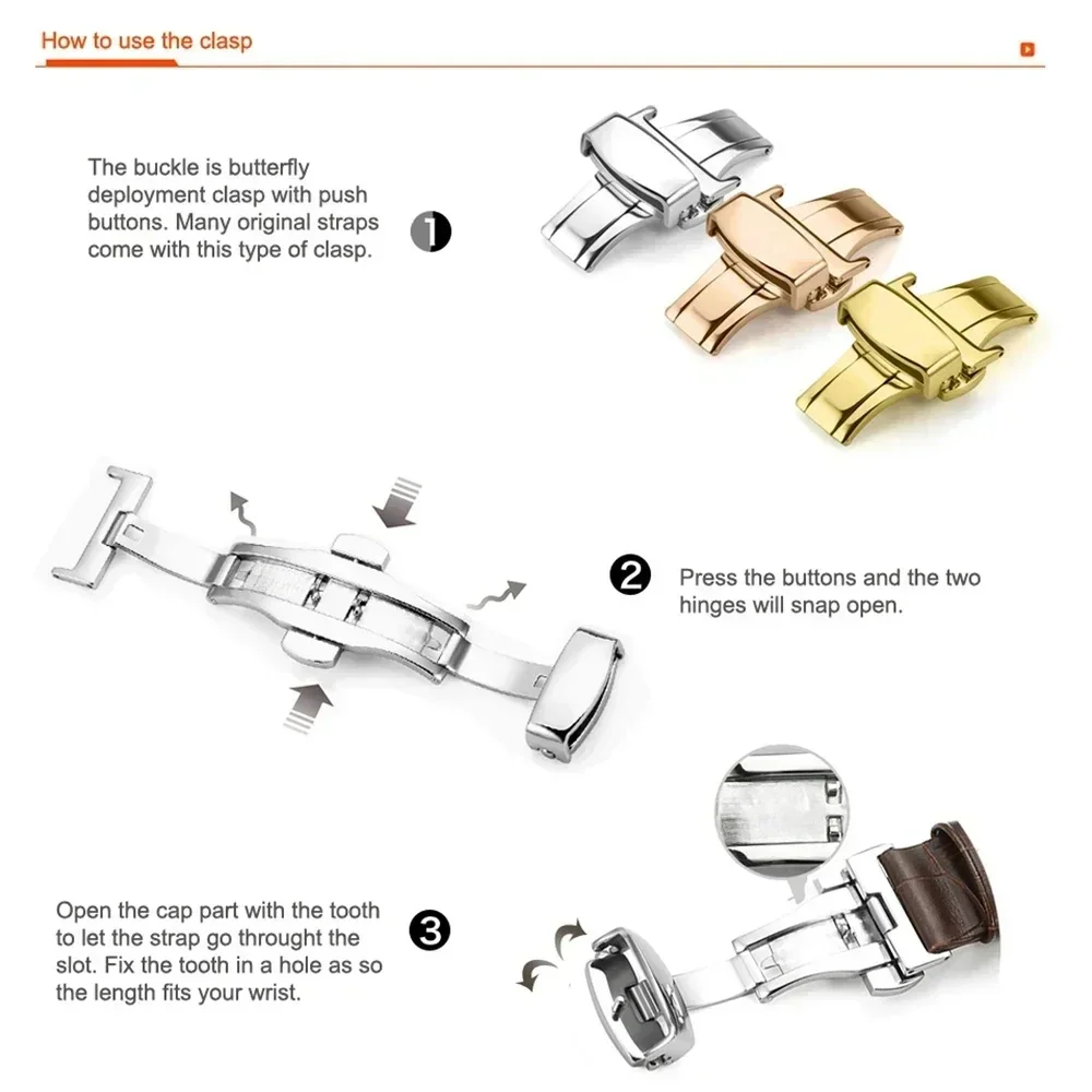 Universal 18mm 20mm 22mm Butterfly Buckle Accessories 10/12/14/16mm Stainless Steel Double Push Button Fold for Watchband