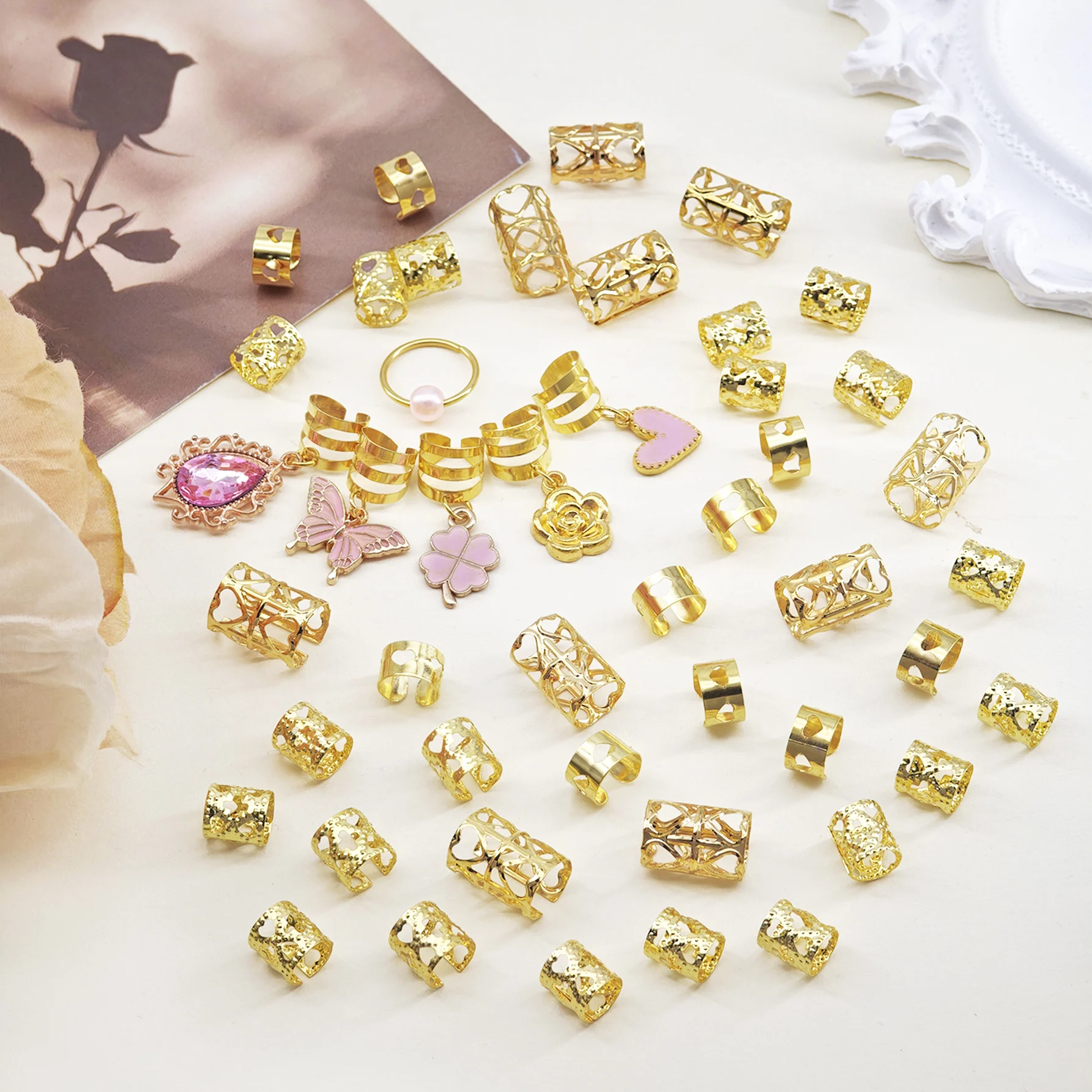 46pcs Pink Butterfly & Four-Leaf Clover Hair Rings with Heart, Rhinestone & Golden Rose-Elegant Hair Cuff Set for Women's Braids