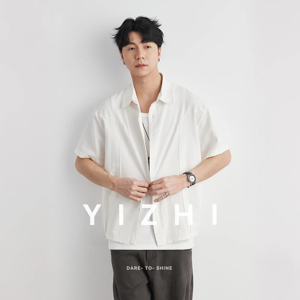 Men's Simple Lightweight Cuban Collar Short Sleeve Shirt 2026 Summer Loose Drop Shoulder Japanese Style Casual Breathable Shirt