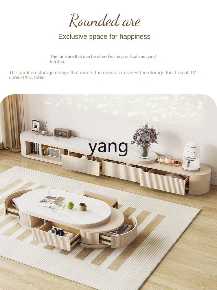 Yjq Stone Plate Tea Table Living Room Home Modern Minimalist Cream Style Coffee Table TV Cabinet Telescopic