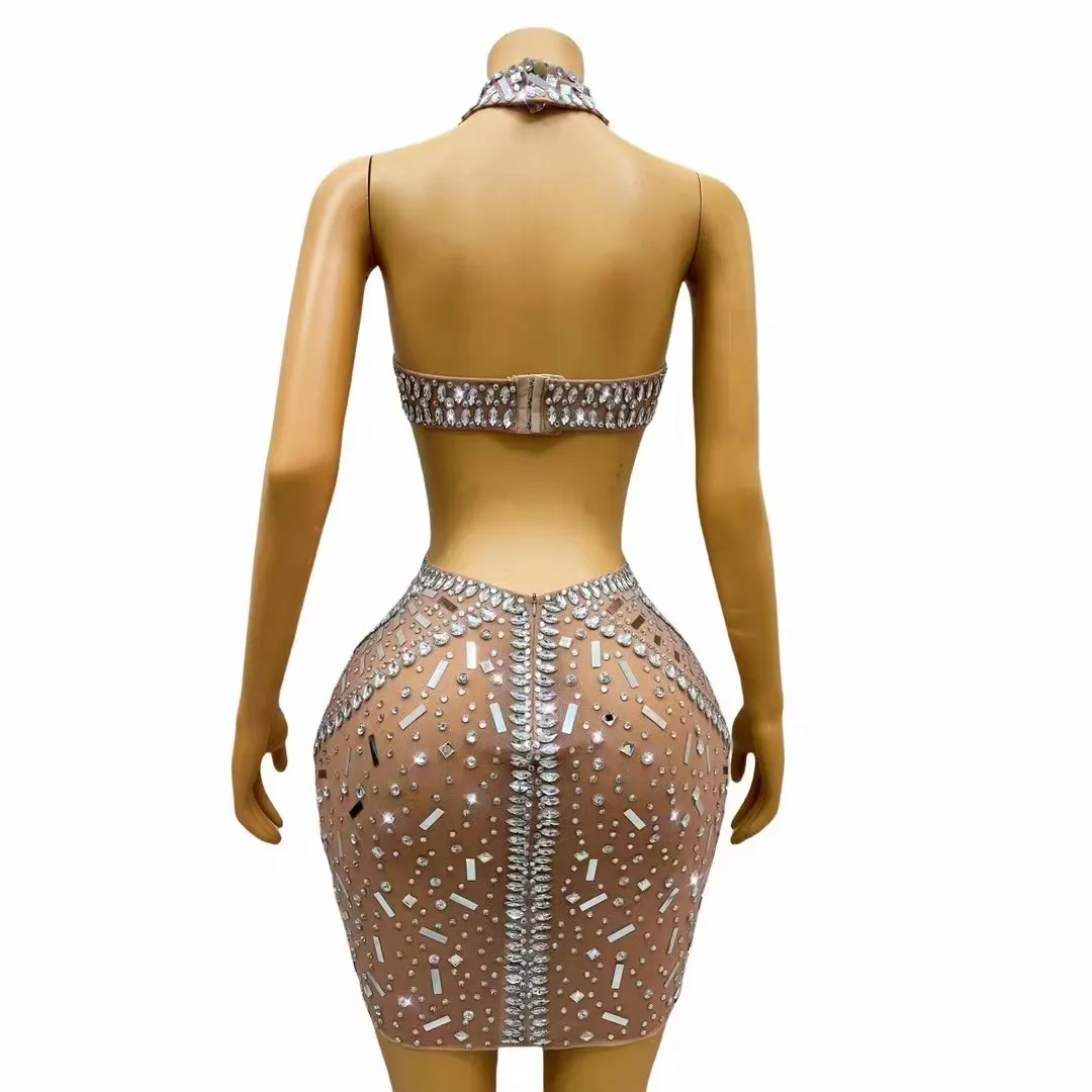 Sexy Bühne Silber Strass Pailletten Rückenfreies Hohl Kleid Geburtstag Feiern Outfit Abend Bühne Leistung Tänzerin Kostüm