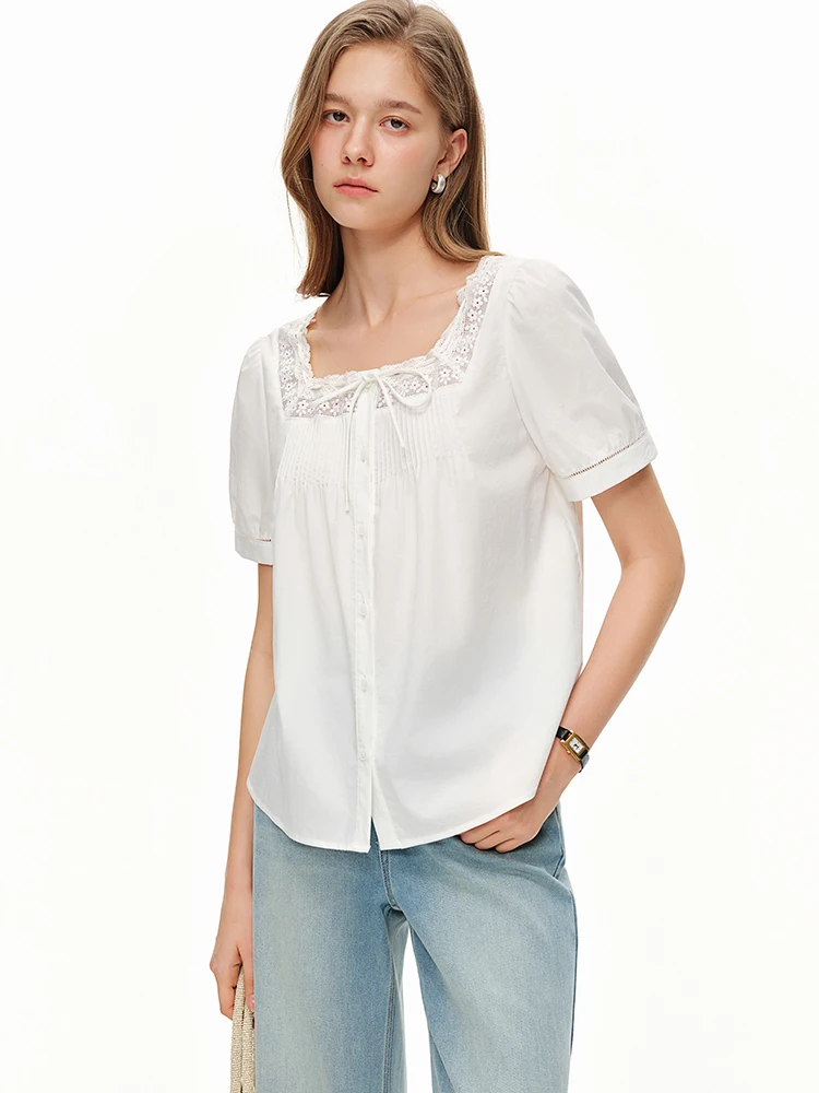 

Ruffle Sleeve Lace Trim Shirt Square Collar Women's Fashion French Style Bubble Sleeve Shirt New Summer Collection by Dushu