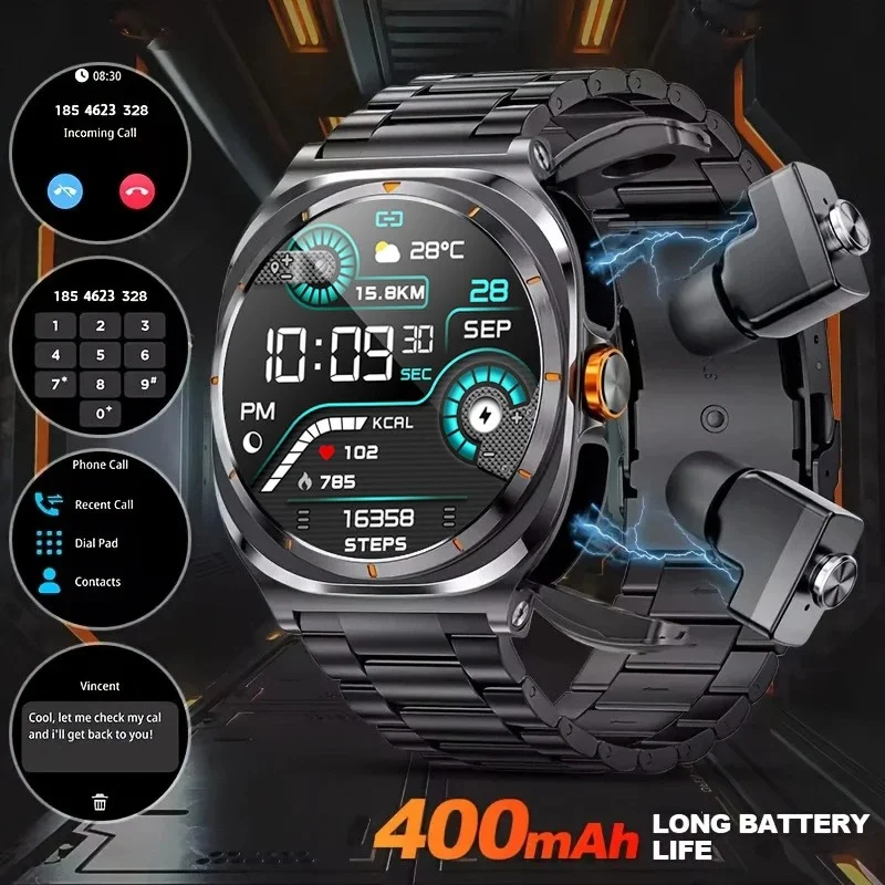 

New Ultra Earphone Smart Watch Men TWS Ear Buds 2 In 1 Wireless Call AMOLED Fitness Tracker Health Smartwatch For Android IOS