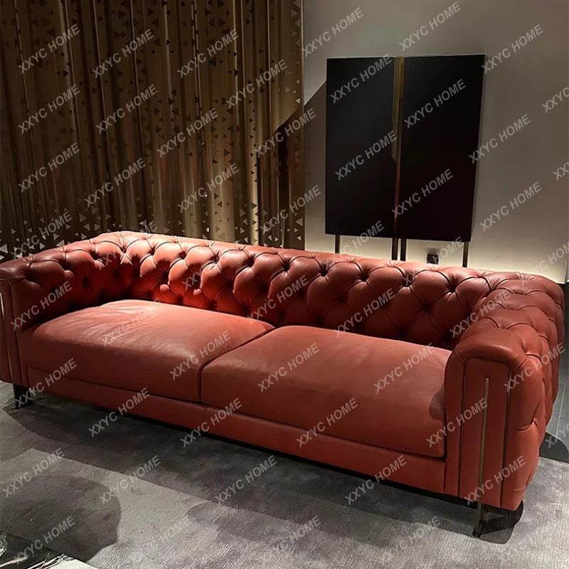 Light luxury buckle straight row three-person combination sofa leather sofa