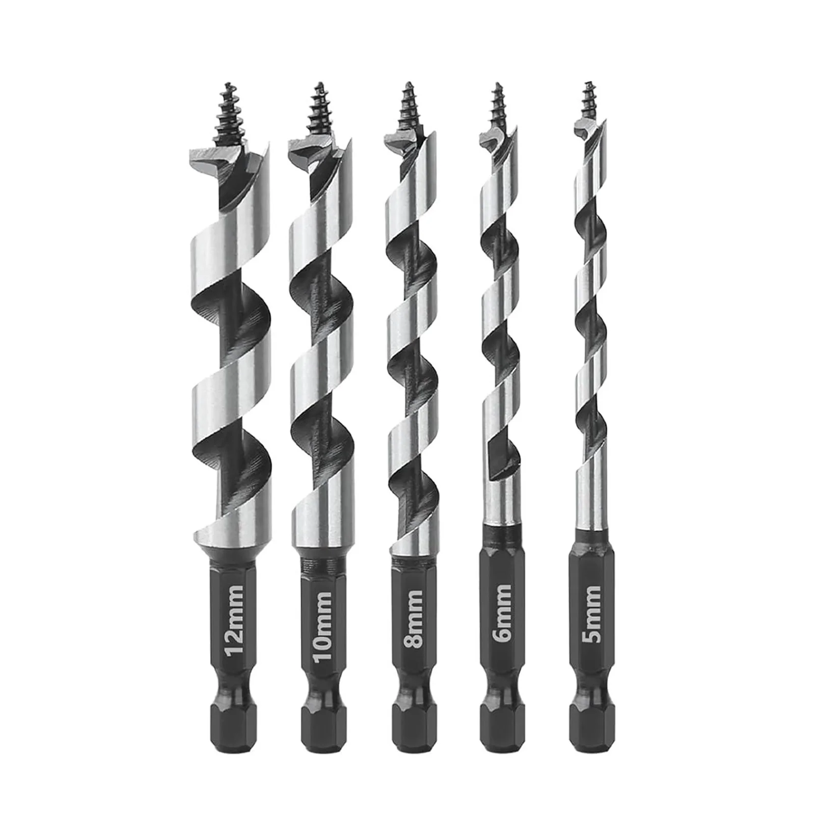 5Pcs/Set Wood Auger Drill Bit 5-12mm 1/4-inch Hex Quick Change Shank Power Tools Accessories Set For Soft Hard Wood Plastic