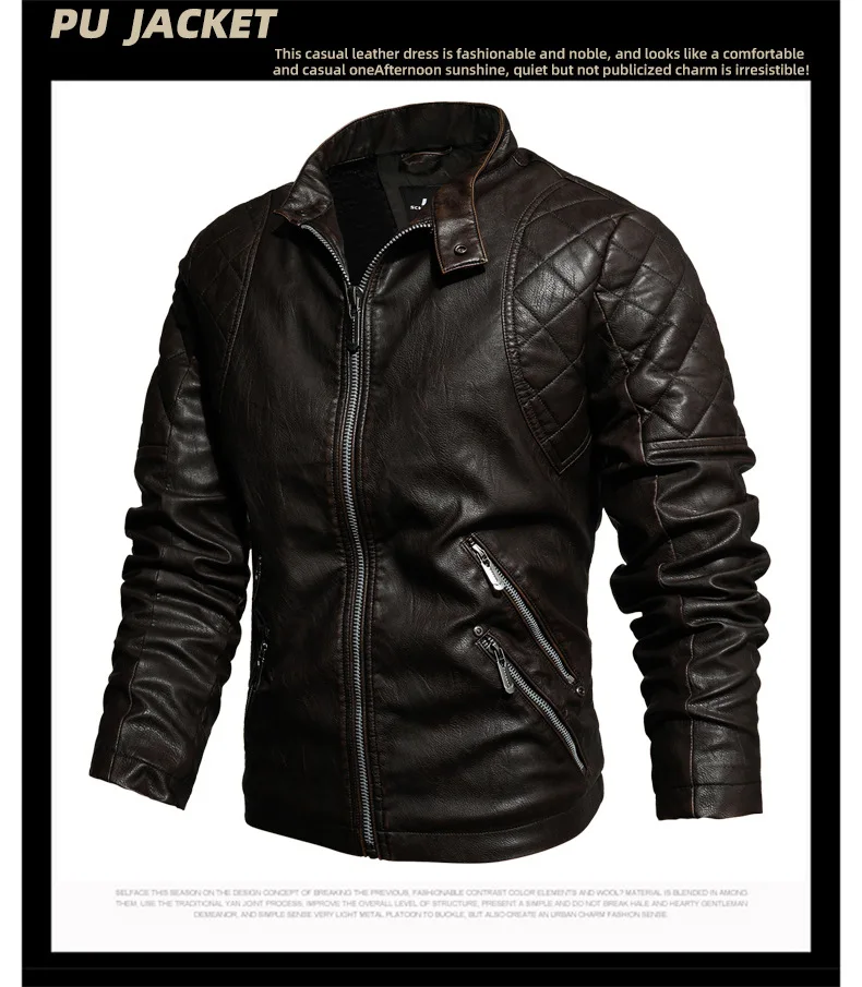 

2025 Autumn Winter Fashion Men's Solid Color Casual Trendy Simple Basic Stand Collar Long Sleeve Faux Leather Jackets Male Coats