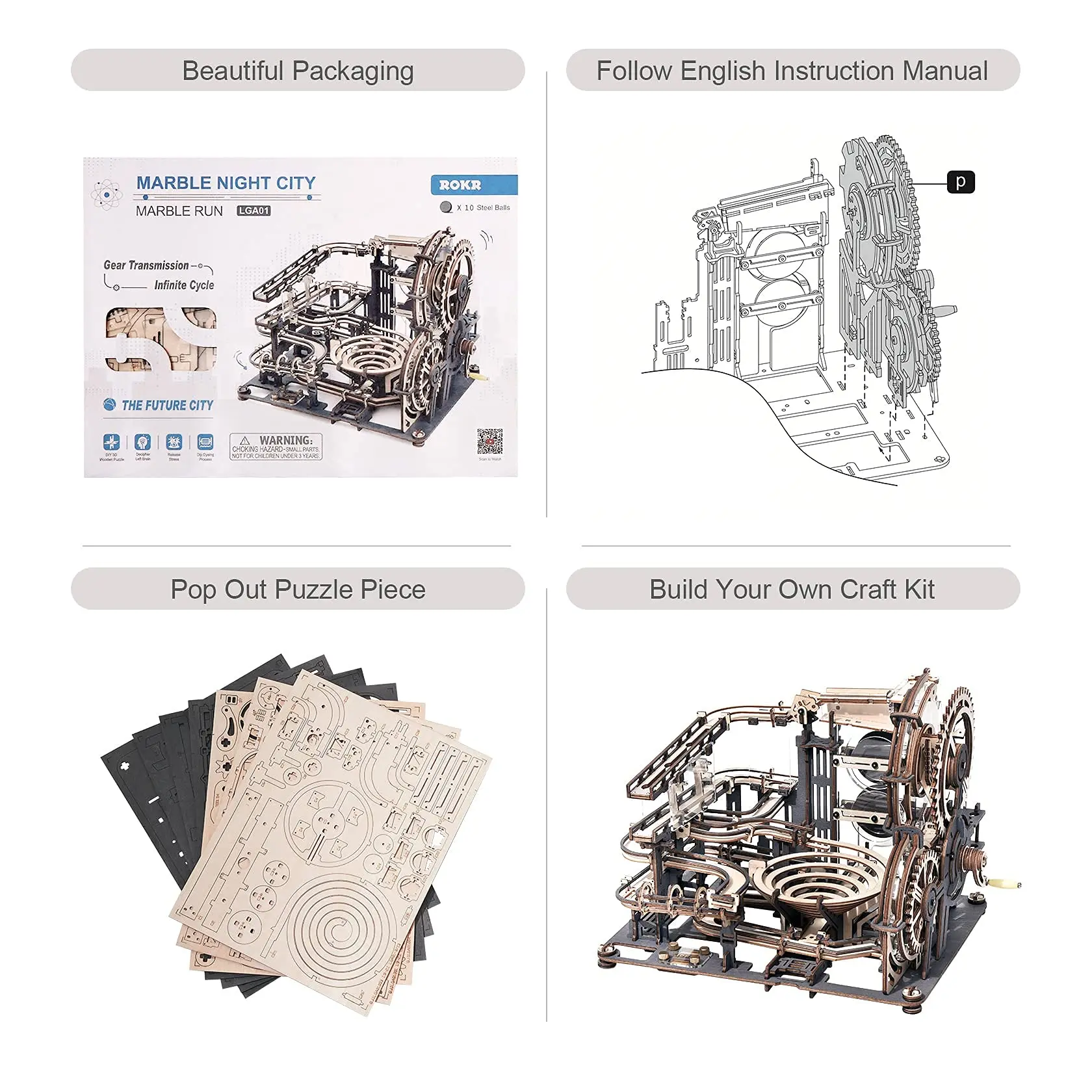 ROKR マーブルナイトシティ 3D木製パズルゲーム 組み立て式水車模型 