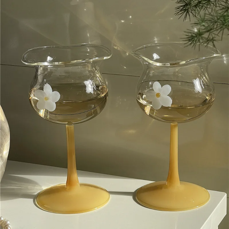 INS Korean 3D Flower Milk Coffee Cup Crystal Cocktail Champagne Wine Glass 280ML Irregular Home Party Alcohol Juice Drinking Cup