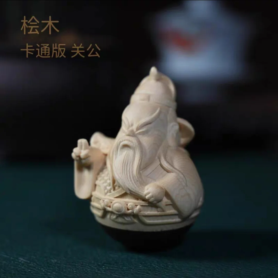 Hinoki Wood Carved Daruma Fortune Cat Guan Yu Figurine Hand Piece Traditional Chinese Home Office Wood Craft Ornament