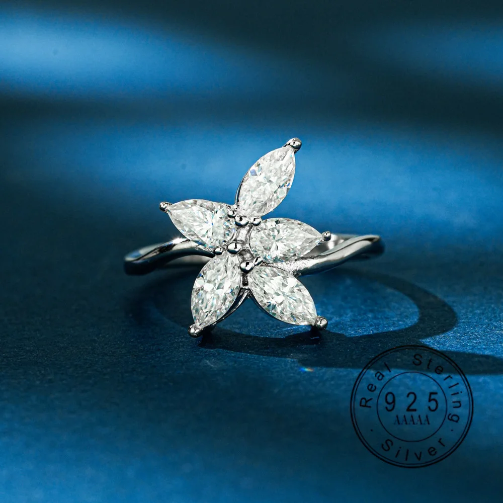 

925 Sterling Silver 1.5CT Marquise Cut Moissanite Flower Ring for Women Silver Plated Promise Wedding Band Fine Jewelry
