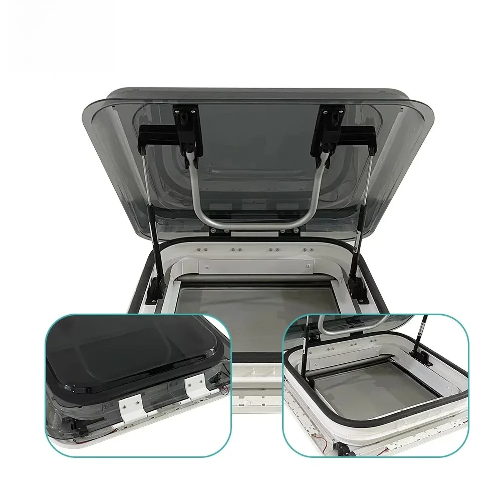 RV Roof Window 700x500mm Manual Double Acrylic Sunroof 12V LED Pleated Curtain Insect Net for Camper