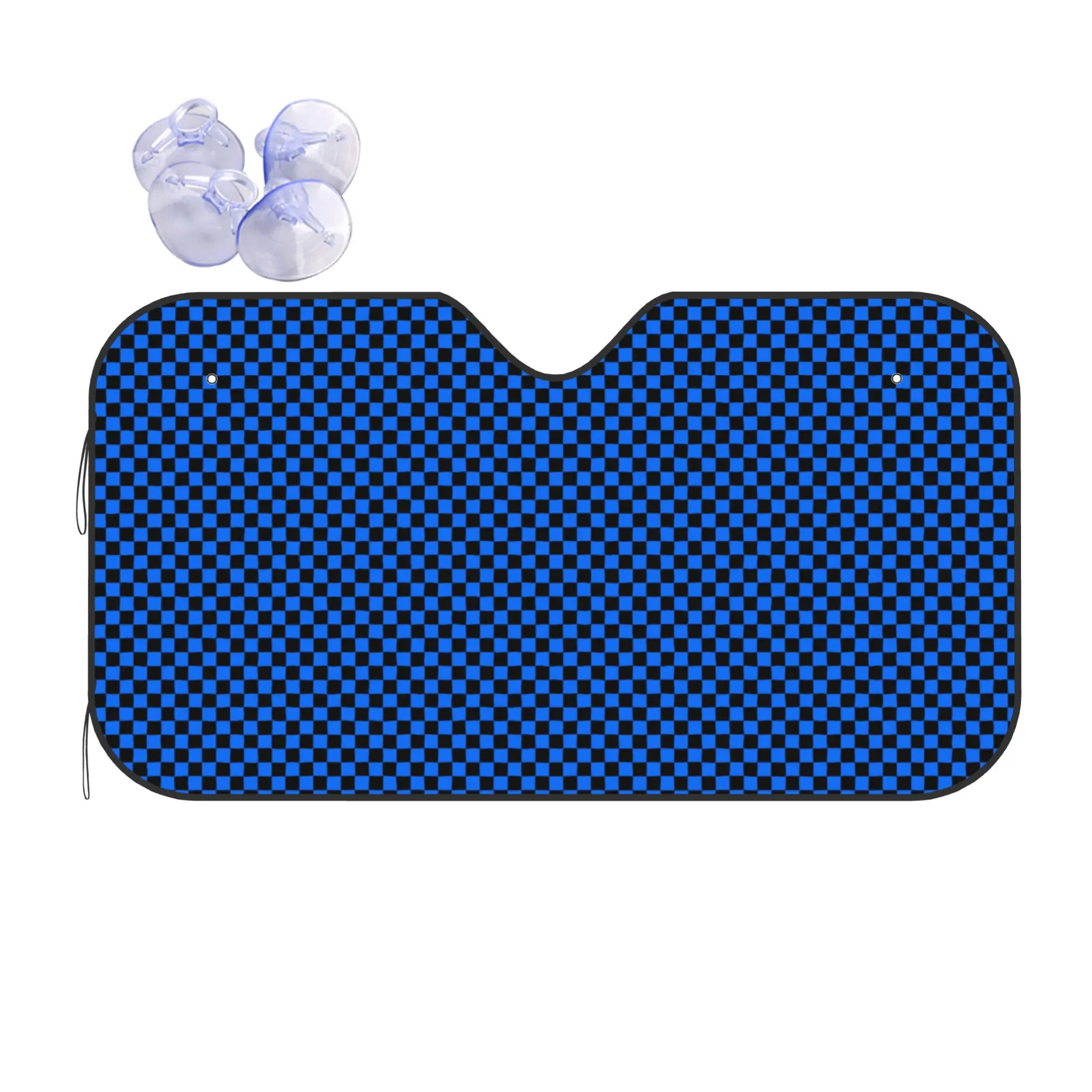 Black and Brandeis Blue Checkerboard Plaid Car Front Windshield Sun Visor UV Protection Car Sun Shade Aluminum Foil Car Sunshade