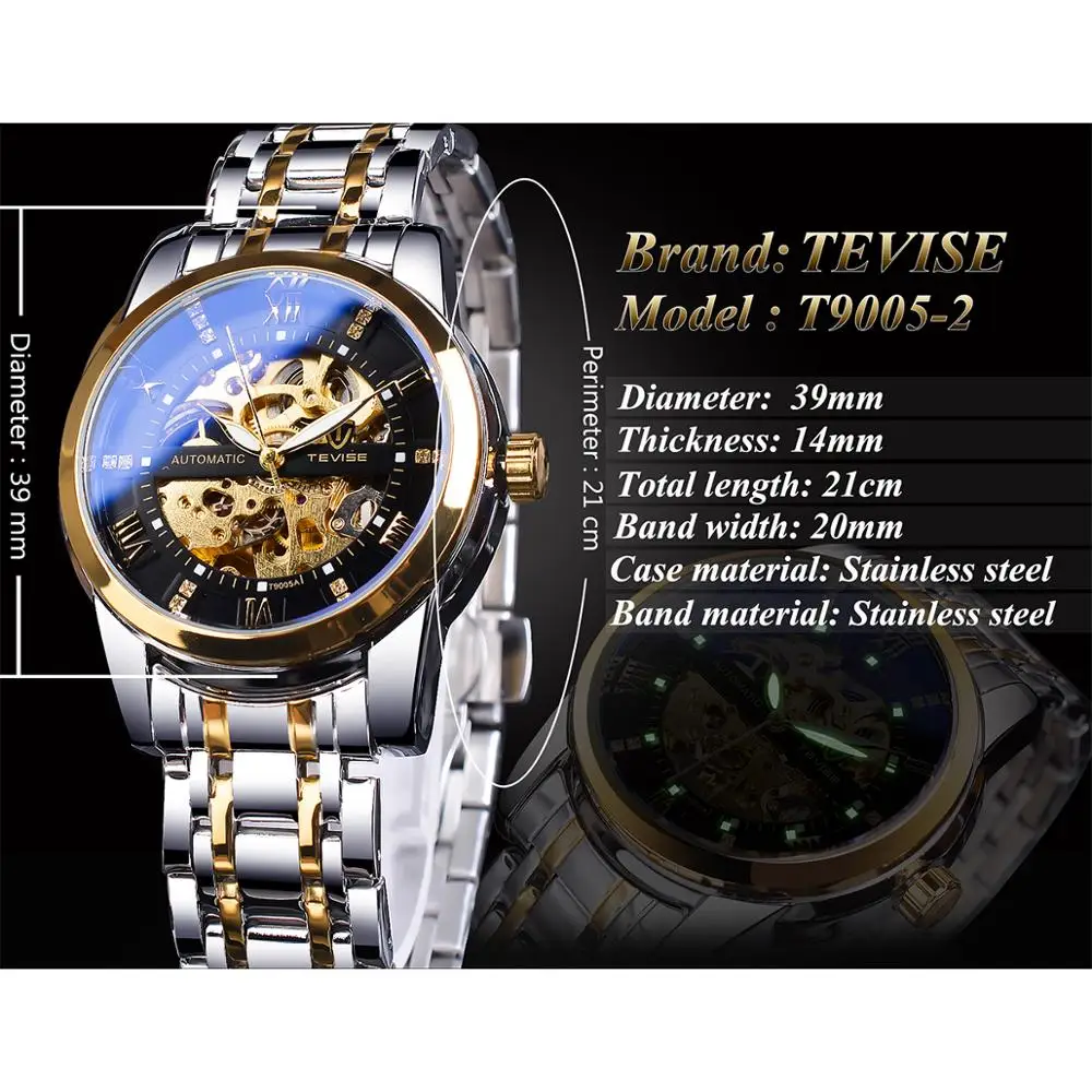 Fashion Tevise Retro Diamond Design Black Gold Mechanical Top Brand Automatic Full Steel Luxury Skeleton Waterproof Wrist Watch