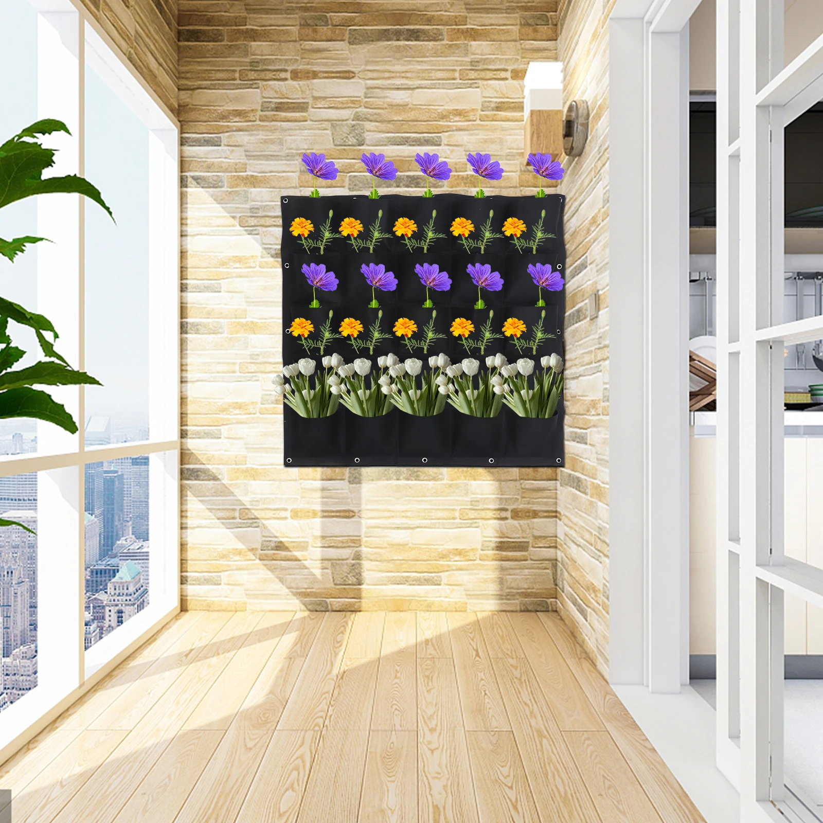 

25 Pockets Green Felt Vertical Hanging Wall Planter Plant Growing Bag for Flowers Herbs Strawberries Vegetables Garden