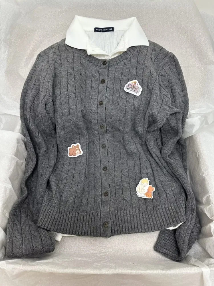 

Свитер с цветочным принтом, кардиган, однобортный трикотаж с круглым вырезом и длинными рукавами, милые винтажные серые свитера в консервативном стиле