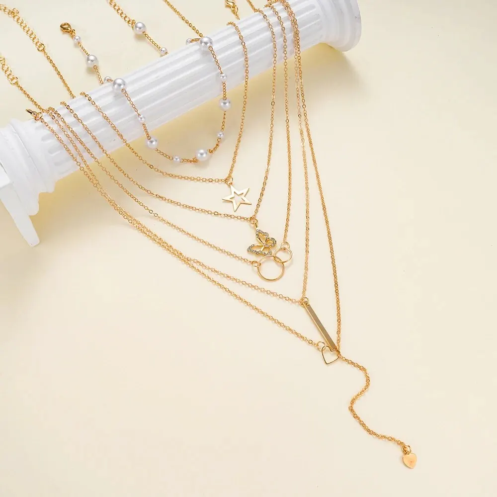 Ins Creative Personality Minority Suit Necklace Female Five-pointed Star Love Butterfly Pearl Necklace 5-piece Set