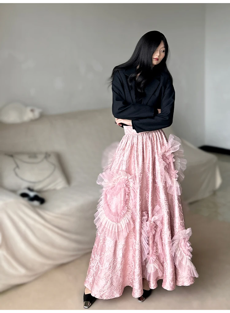 2024 Autumn Winter New Fashion Pink Printed Satin Love Skirts Feminine High Quality Nice Skirt Ladies High Waist A-line Skirts