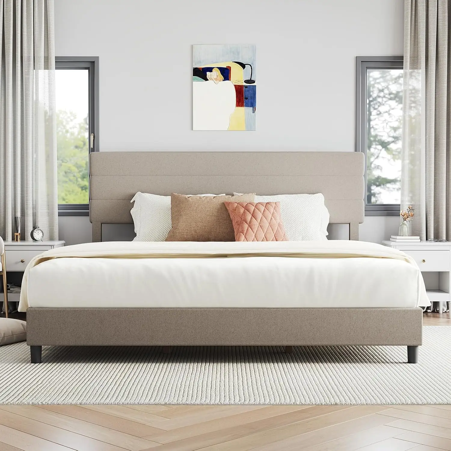 King Size Bed Frame with Headboard, Linen Upholstered Striped Platform Bed, No Box Spring Required, Heavy Duty Feet, Easy Assembly, Beige