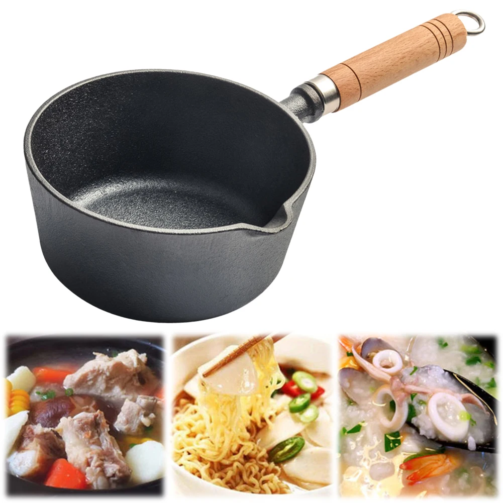 Cast Iron Milk Pan Wooden Handle Non-Stick Butter Melting Pot with Pour Spout Small Saucepan for Pouring Oil Milk Heating Frying