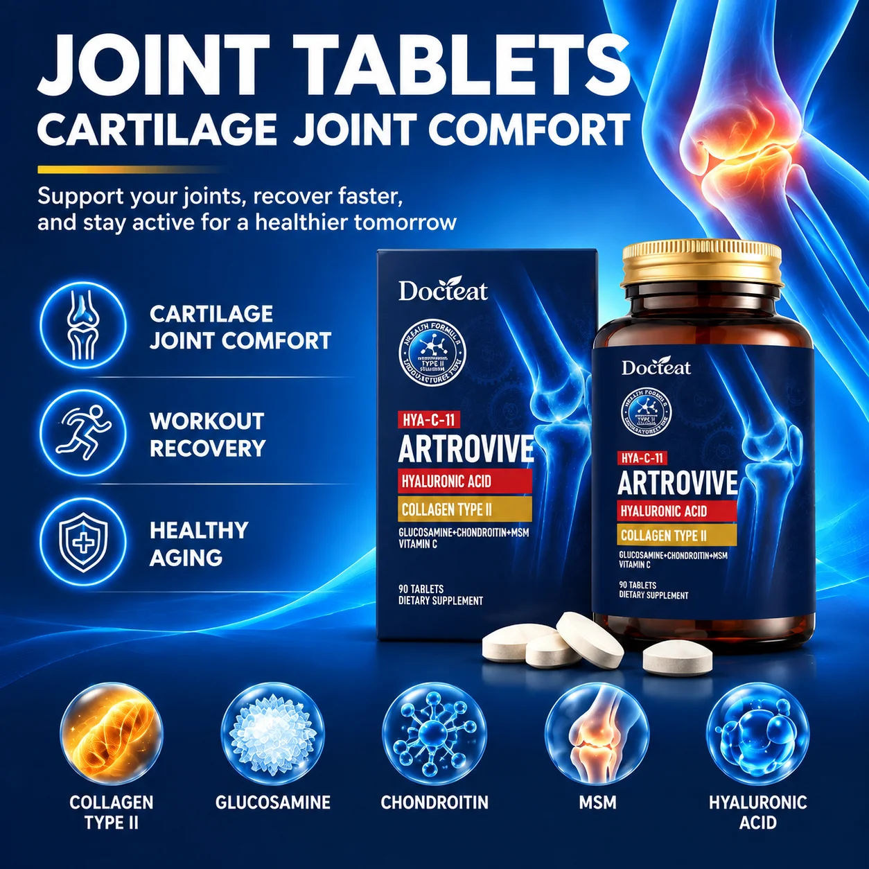Joint Tablets Cartilage Joint Comfort  Workout Recovery Healthy Aging Collagen Type II Glucosamine 90pcs for Seniors Joint Pain