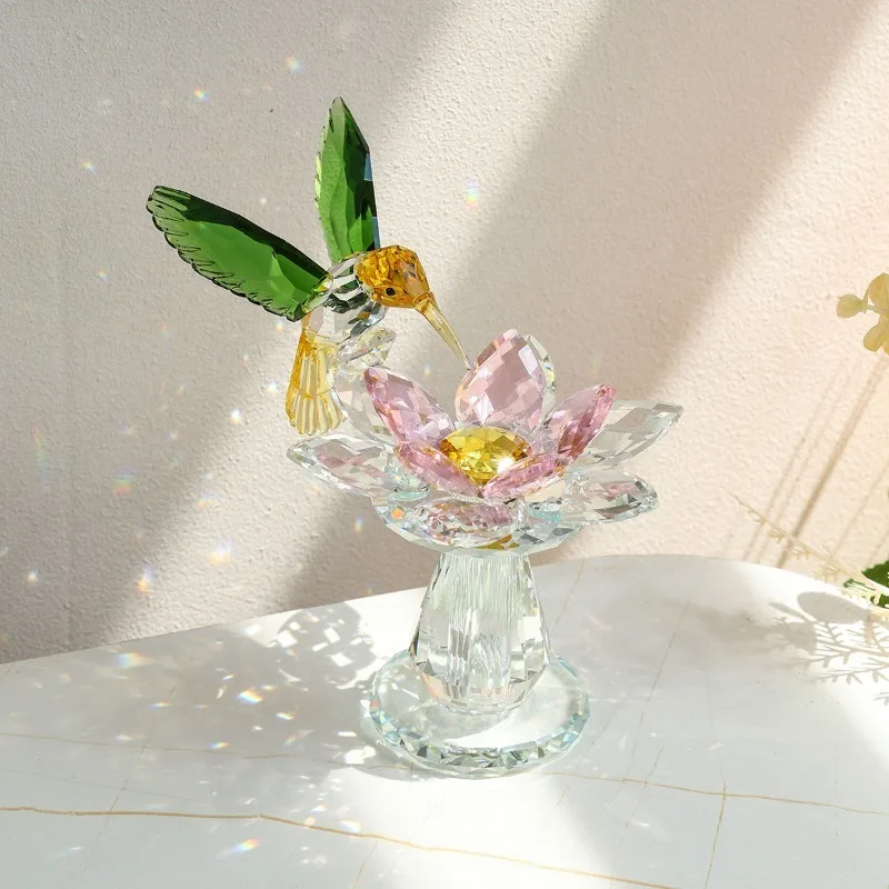 Crystal Hummingbird Lotus Flower Figurine Colorful Glass Statue Ornament Tabletop Home Decor Art Crafts Wedding Birthday Gift