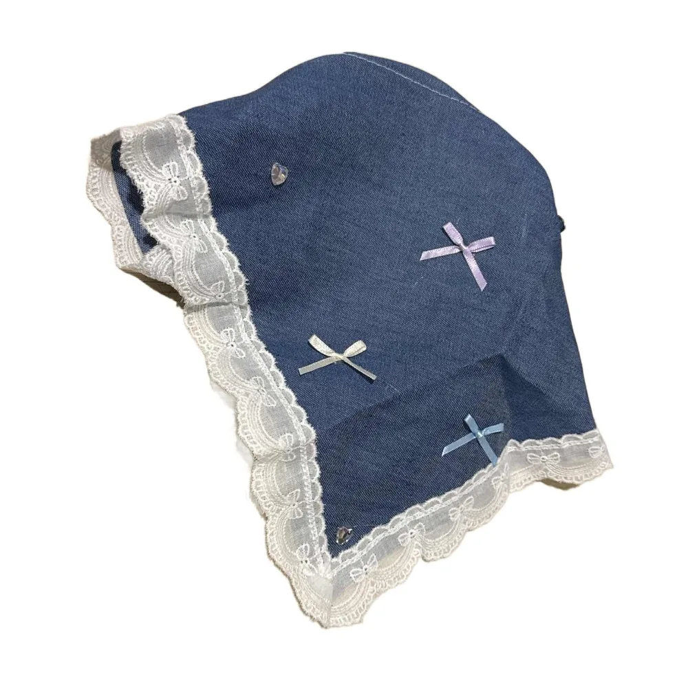 

Elegant Korean Denim Triangle Headscarf Crystal Bowknot Lace Hair Band French Polka Dot Women Hair Scarf Girls