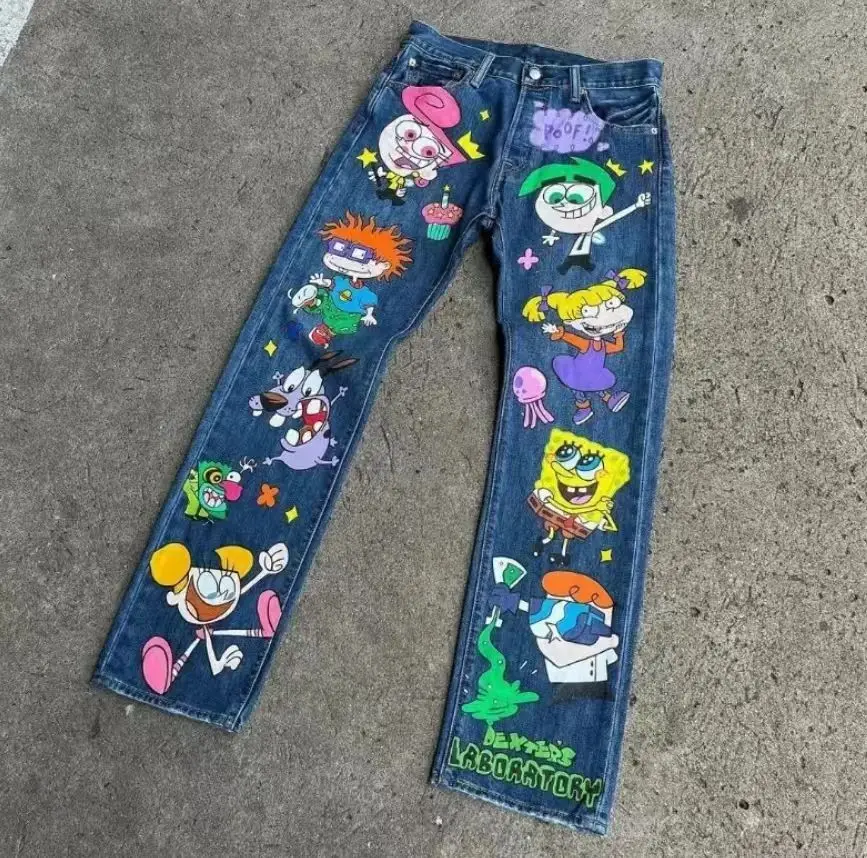 Y2k – jean droit taille haute pour hommes et femmes, motif de dessin animé rétro américain imprimé, mode décontracté, surdimensionné, jambes larges