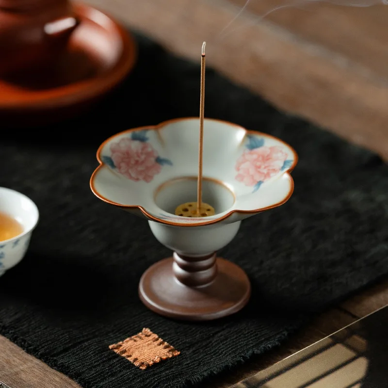 Neo Chinese Ru Kiln Hibiscus Ceramic Petal High Foot Incense Holder 9 Hole Insert Home Art Home Decor  Ceremony Decorations