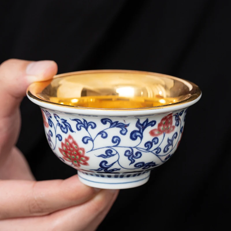 

|underglaze color pure gold gilded blue and white master pressing cup special Kung Fu health tea cup household tea lamp