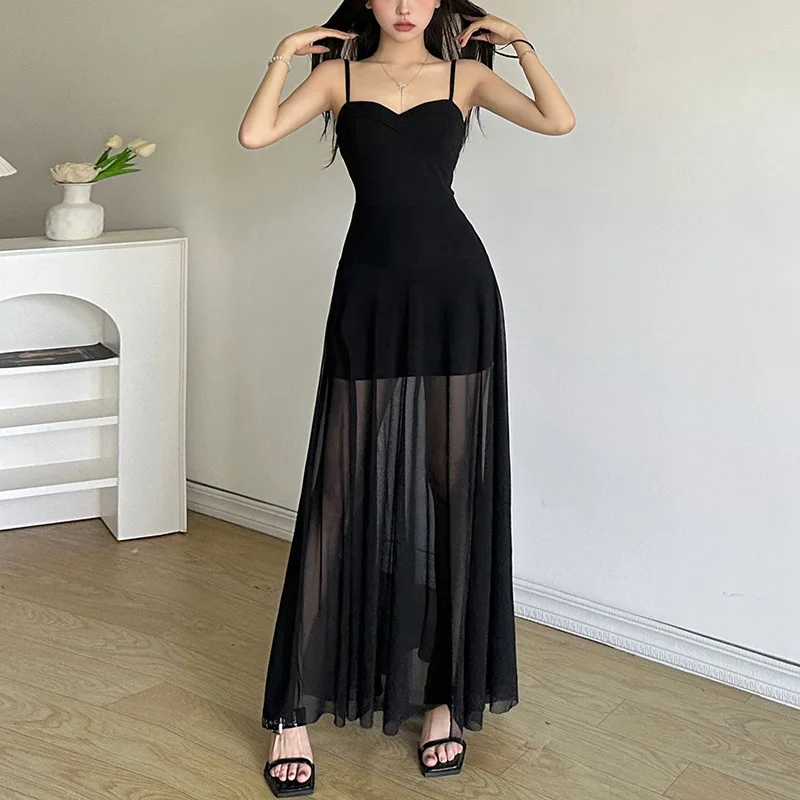 Summer Y2k Aesthetic Patchwork Gauze Women Dress Harajuku Black Tube Dresses Slim Waist Tunic Fairy See Through Vestido De Mujer