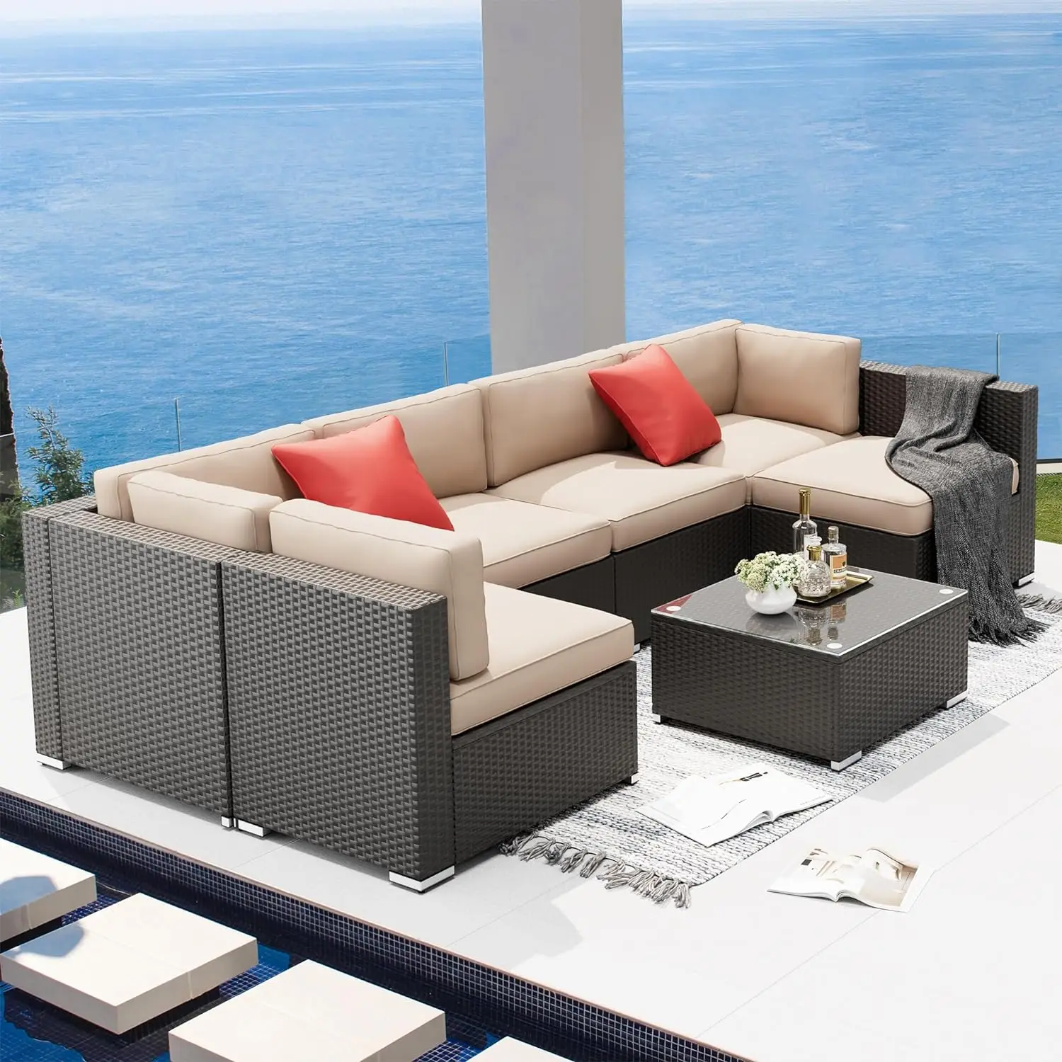 Outdoor Sectional Sofa, Rattan Wicker Conversation Sets with Ottoman, Glass Coffee Table and Washable Cushions