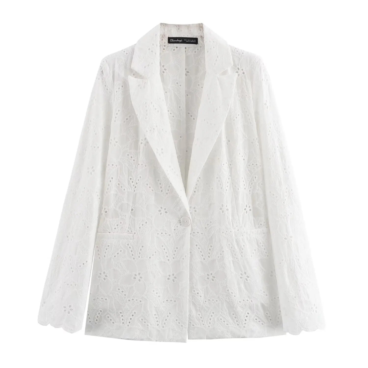 2025 الصيف الأبيض القطن الدانتيل السترة السراويل دعوى مجموعة العيينة التطريز زر صدفي هيم ملابس عصرية