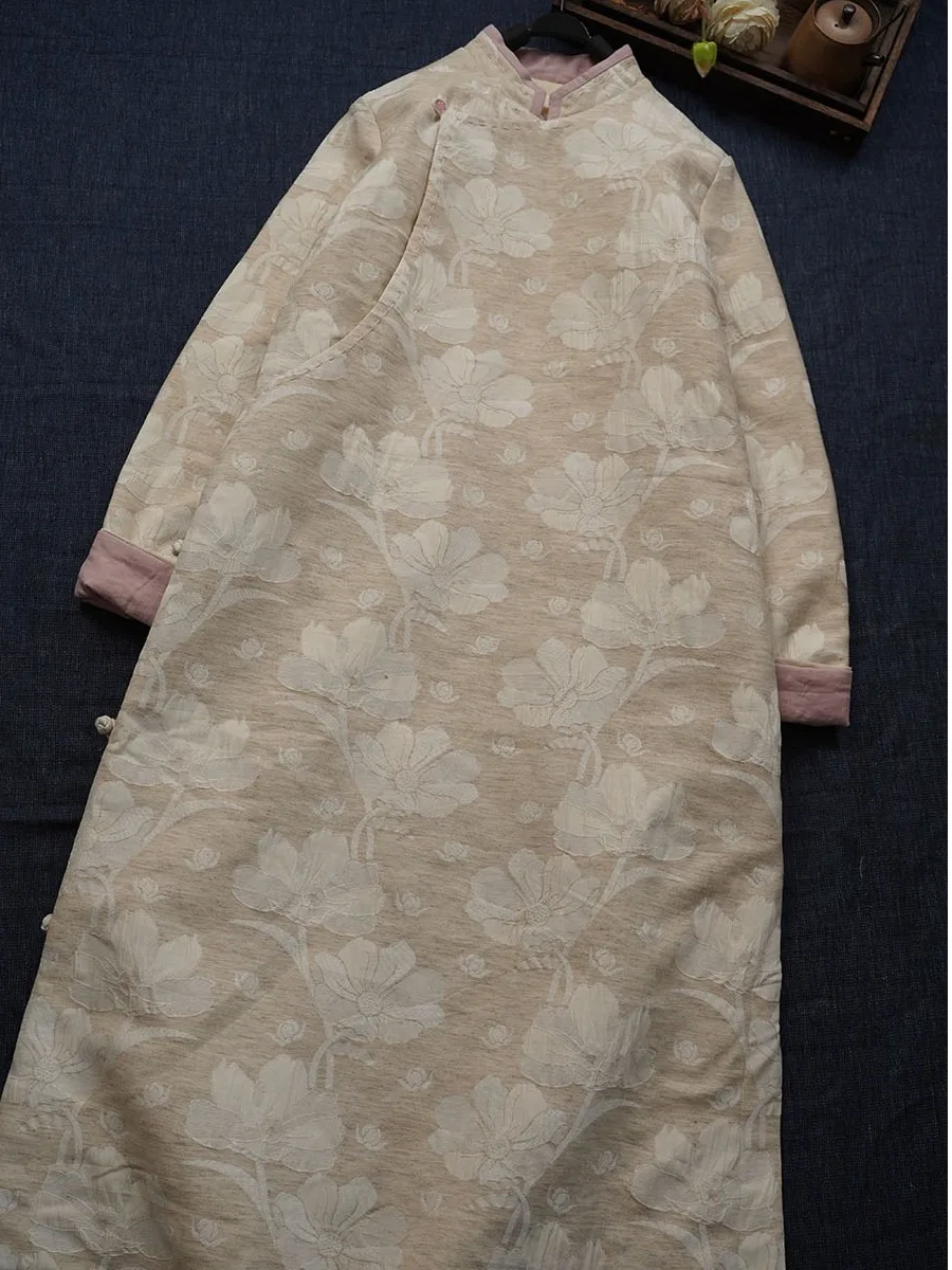 

New Chinese Sle Long Embroidered Cotton Linen Qipao Skirt Women's Winter Thiened Cotton Padded Traditional Costume Dr