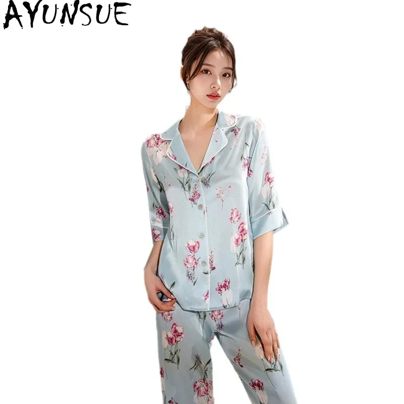 AYUNSUE 100% Mulberry Silk Sleepwear Women Clothes Summer Pajama Sets 16Mm Silk Casual Long Pants Tops Print Пижама Женская
