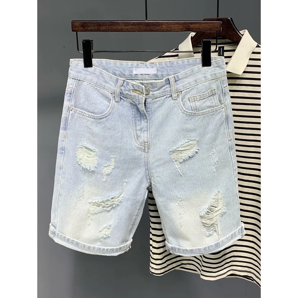 

Men's Hole Distressed Denim Shorts For Summer Ripped Loose Five Points Mid-length Jeans Shorts