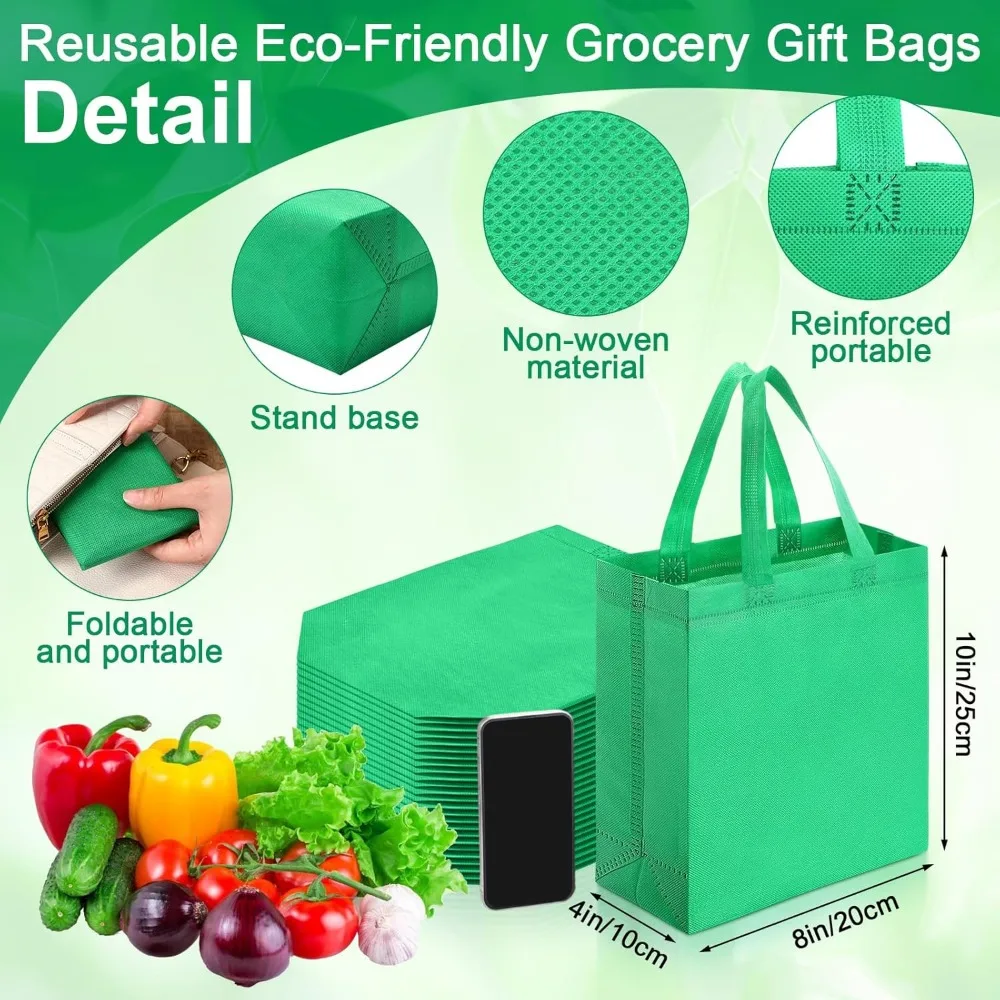 Herbruikbare draagtassen bulk, 200 stuks, 8x4x10 inch, niet-geweven, groene boodschappentassen met handvatten voor cadeaubakken