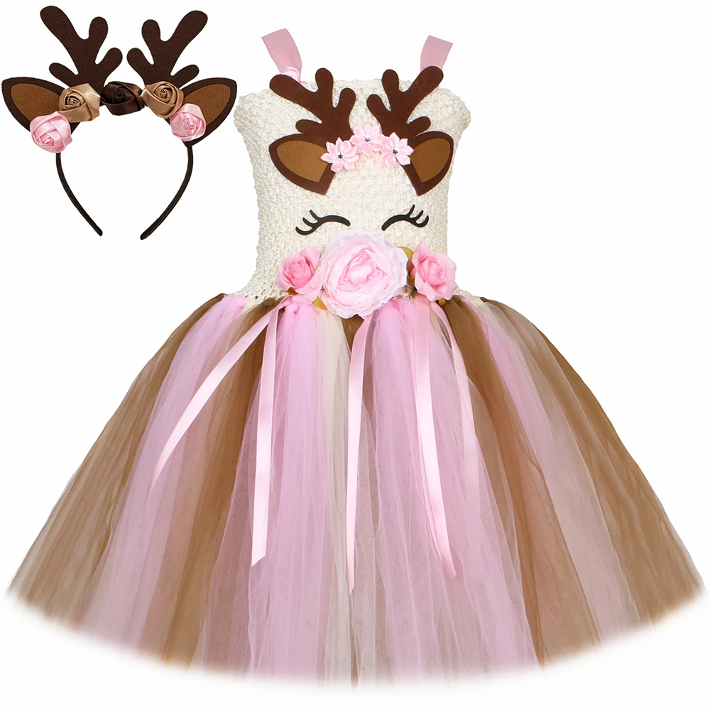 Deer Costume for Girls Christmas Flowers Reindeer Tutu Dress Ball Gown Kids Halloween Carnival Party Cartoon Animal Dress Up