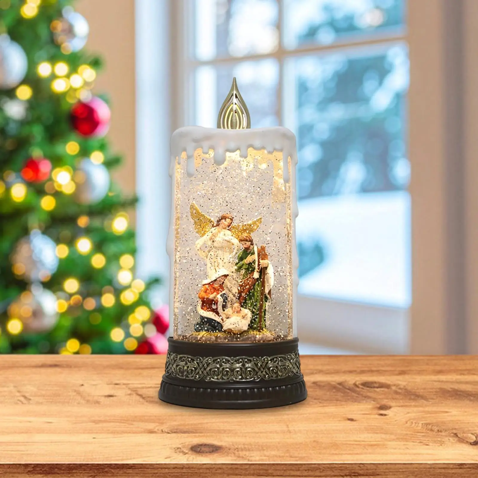 

Lighted Music Box Christmas Snow Globe Nativity Scene Desktop Ornament Glitter Sequins Table Centerpiece for Holiday Gift