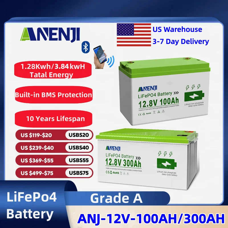 Batería ANENJI LiFePO4 de 300 Ah y 12.8 V, 100 Ah, con más de 6000 ciclos de ciclo profundo, BMS, batería de fosfato de hierro y litio, paquete de baterías de litio para energía solar, para inversor de RV y panel solar.