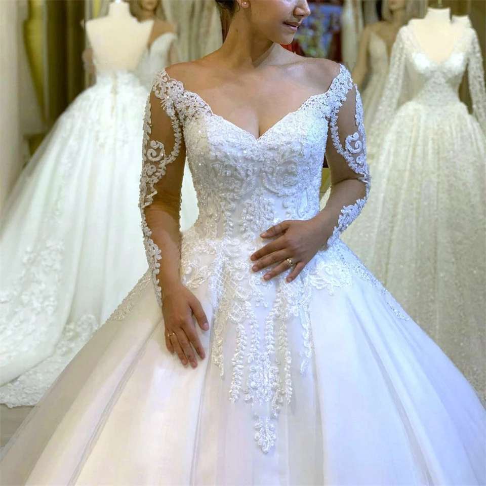 Customized Sequins Appliques V-neck Lace Ball Gown 2025 Wedding Dresses For Woman Court Train Bridal Gowns Vestidos De Novia