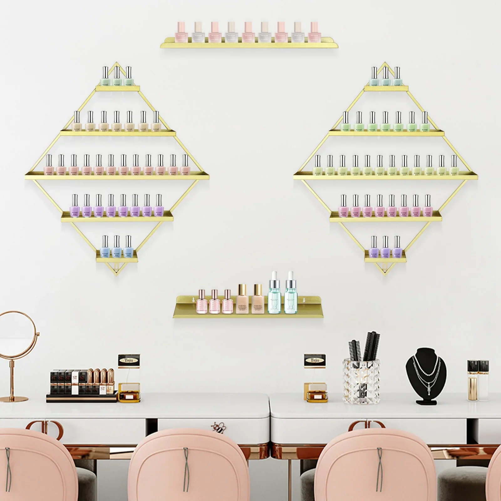 

Золотая 5-уровневая настенная стойка для лака для ногтей с ромбами — высококачественный утюг, высокая несущая способность, установка своими руками