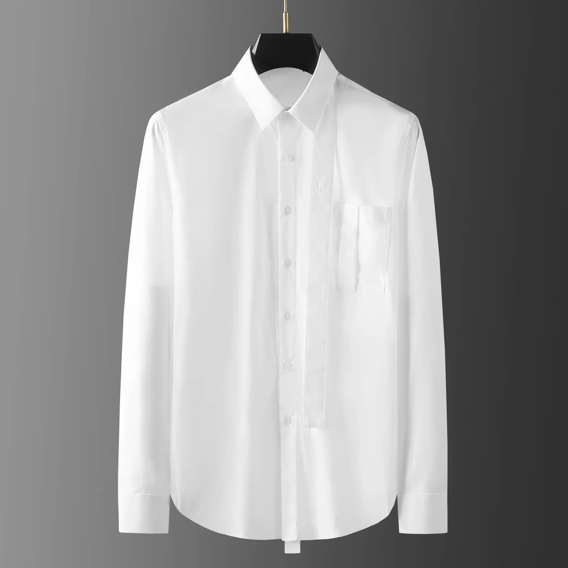 New White Male Shirts High Quality Long Sleeve One Pockets Casual Mens Dress Shirts Fashion Solid Color Party Man Shirts 3XL