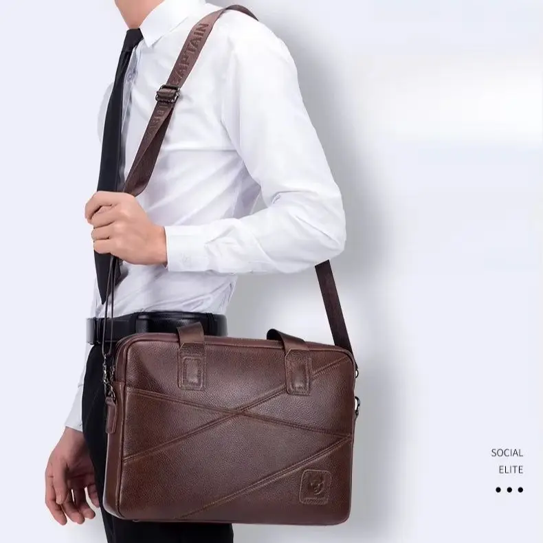 

14-inch computer storage briefcase for men, genuine leather business hand shoulder travel briefcase, large capacity