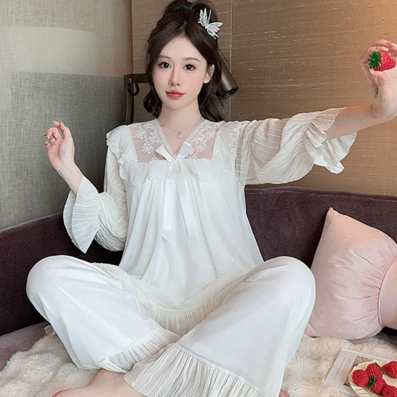 White Pajama Sets Women Padded Sleepwear Home Gentle Spring Autumn Lace Design Aesthetic Korean Fashion Lounge Casual Females