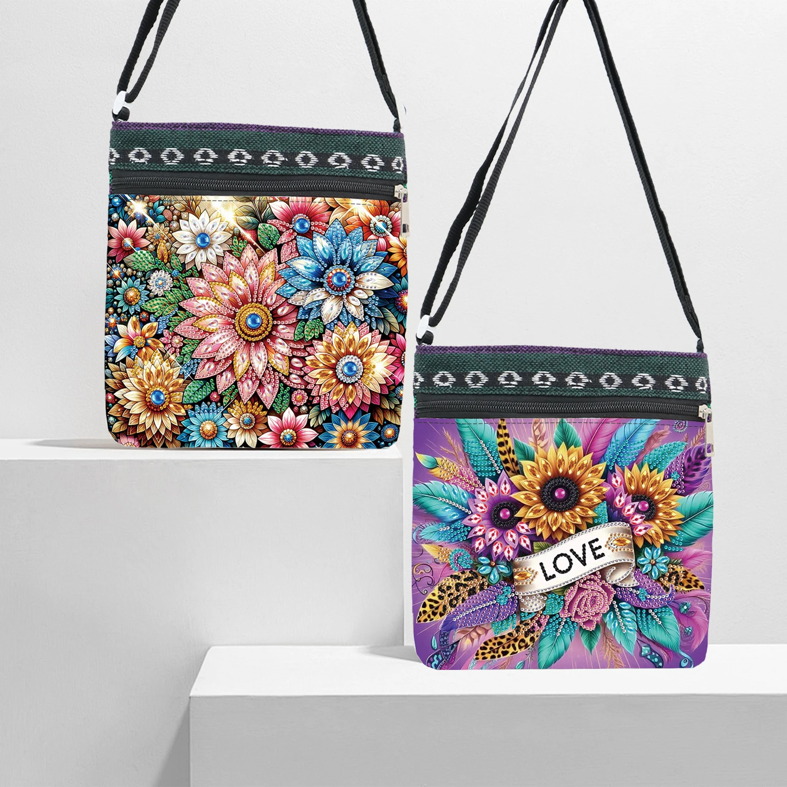 

2PCS Diamond Art Painting Shoulder bags Kits,Bright flower Special Shape Crystal Diamond Partial Shoulder bags Creative Art Gift